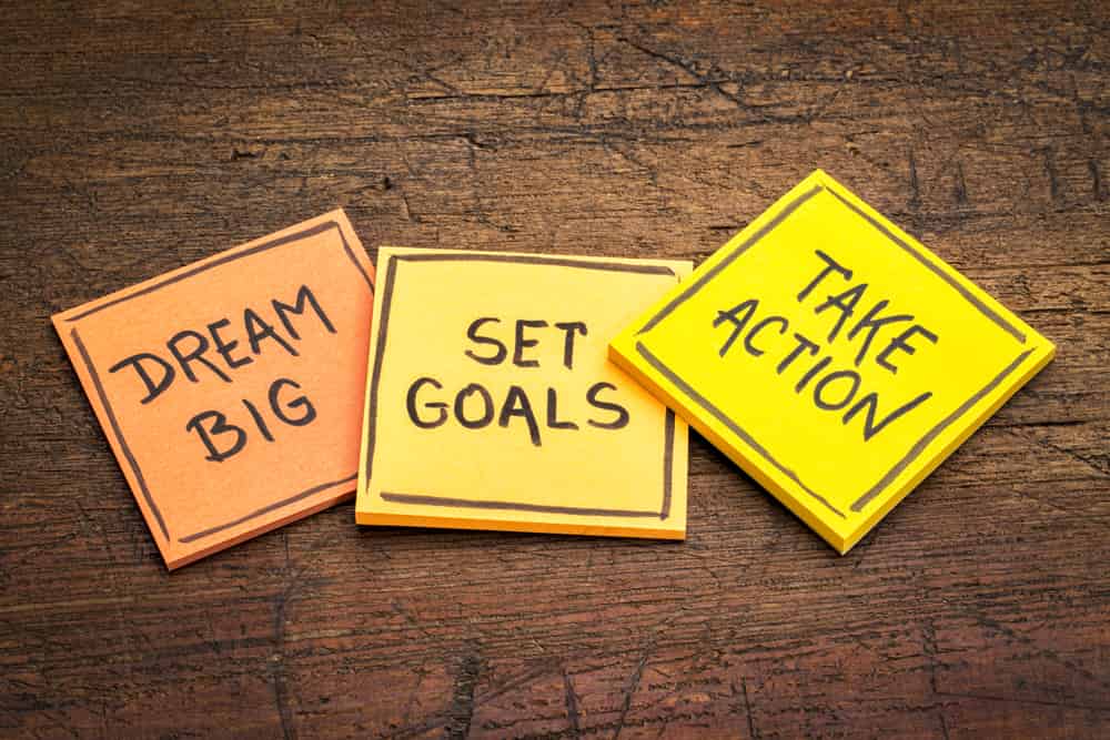 Sticky notes with the words Dream Big, Set Goals, and Take Action on them.