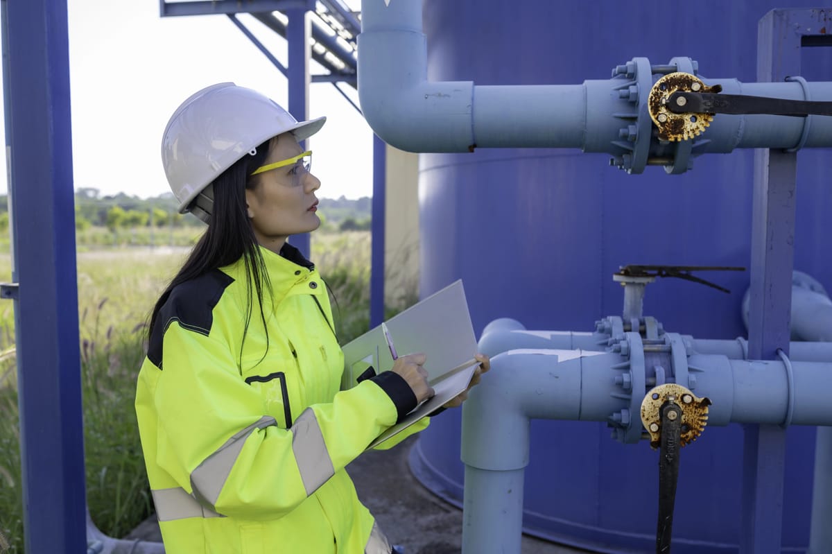 A wastewater operator checking the pipes of a plant